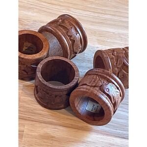 Set of 5 Hand Carved Wood Napkin Rings Fish Motif Made in India Rustic Coastal